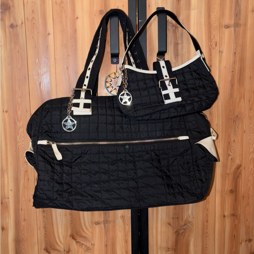 bebe Black and Cream Quilted Travel Bag Set